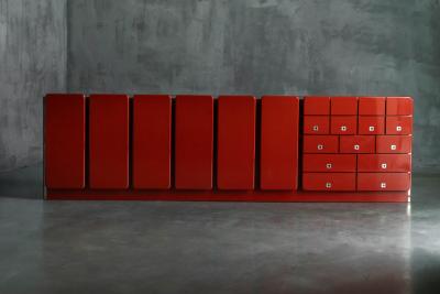 Modernist Red Lacquer Architectural Sideboard Italy 1980s