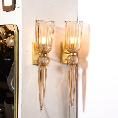 Modernist Rose Hand Blown Murano Glass Brass Sconces with Elongated Drop