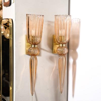 Modernist Rose Hand Blown Murano Glass Brass Sconces with Elongated Drop