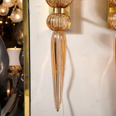 Modernist Rose Hand Blown Murano Glass Brass Sconces with Elongated Drop