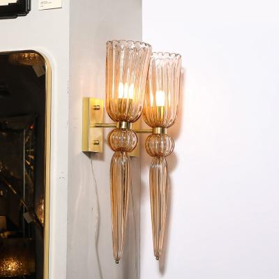 Modernist Rose Hand Blown Murano Glass Brass Sconces with Elongated Drop