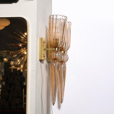 Modernist Rose Hand Blown Murano Glass Brass Sconces with Elongated Drop