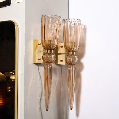 Modernist Rose Hand Blown Murano Glass Brass Sconces with Elongated Drop
