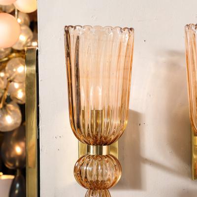 Modernist Rose Hand Blown Murano Glass Brass Sconces with Elongated Drop
