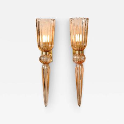 Modernist Rose Hand Blown Murano Glass Brass Sconces with Elongated Drop