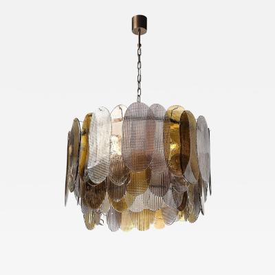 Modernist Round 3 Tier Hand Blown Murano Glass Chandelier W Oval Reeded Shades