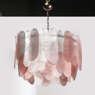 Modernist Round 3 Tier Hand Blown Murano Glass Chandelier w Oval Reeded Shades