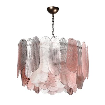 Modernist Round 3 Tier Hand Blown Murano Glass Chandelier w Oval Reeded Shades