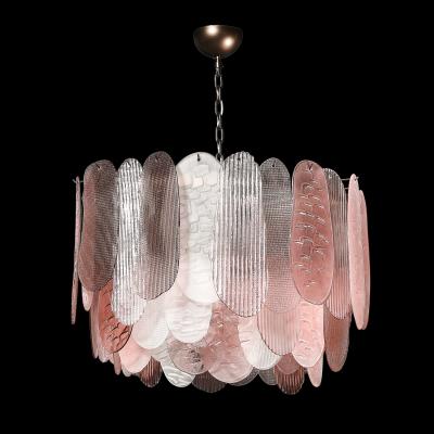 Modernist Round 3 Tier Hand Blown Murano Glass Chandelier w Oval Reeded Shades