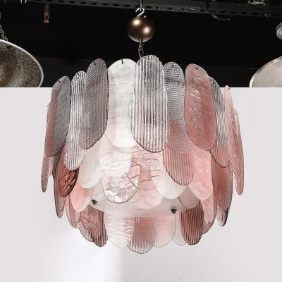 Modernist Round 3 Tier Hand Blown Murano Glass Chandelier w Oval Reeded Shades