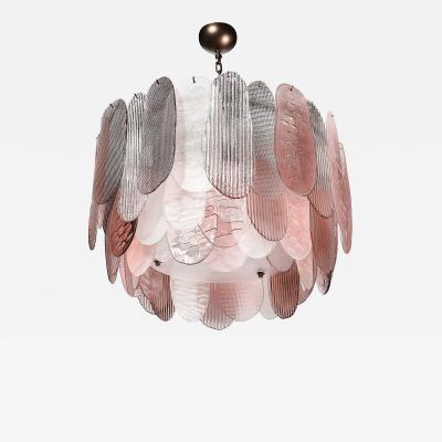 Modernist Round 3 Tier Hand Blown Murano Glass Chandelier w Oval Reeded Shades