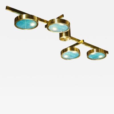Modernist Satin Brass and Hand Blown Frosted Murano Aqua Glass Chandelier