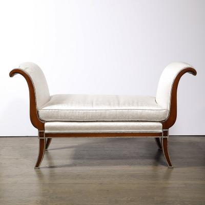 Modernist Scroll Form Bench in Walnut With Silver Naturalist Upholstery
