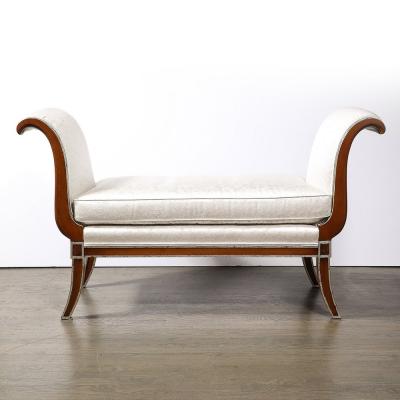 Modernist Scroll Form Bench in Walnut With Silver Naturalist Upholstery