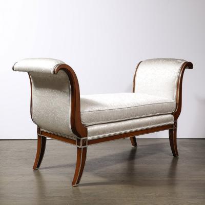 Modernist Scroll Form Bench in Walnut With Silver Naturalist Upholstery
