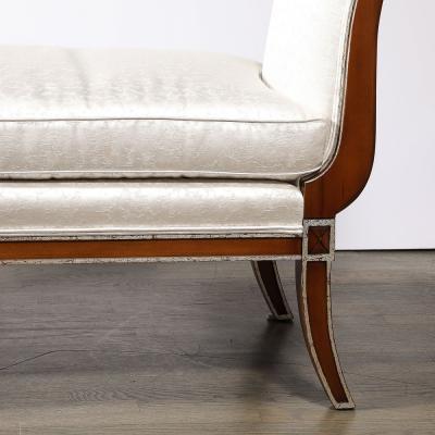 Modernist Scroll Form Bench in Walnut With Silver Naturalist Upholstery