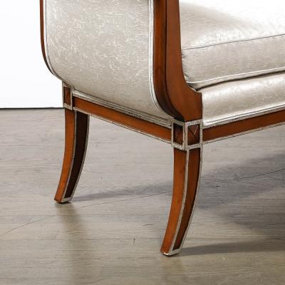 Modernist Scroll Form Bench in Walnut With Silver Naturalist Upholstery