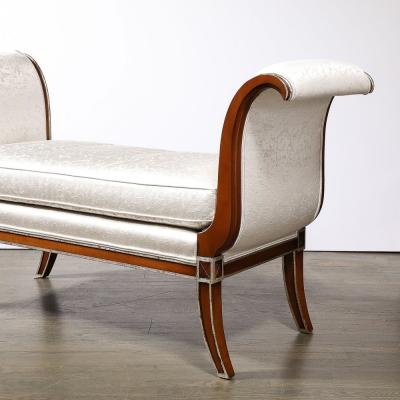 Modernist Scroll Form Bench in Walnut With Silver Naturalist Upholstery