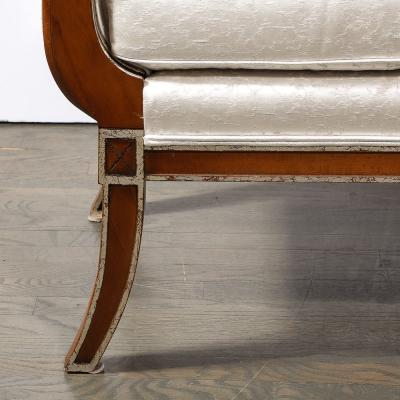 Modernist Scroll Form Bench in Walnut With Silver Naturalist Upholstery
