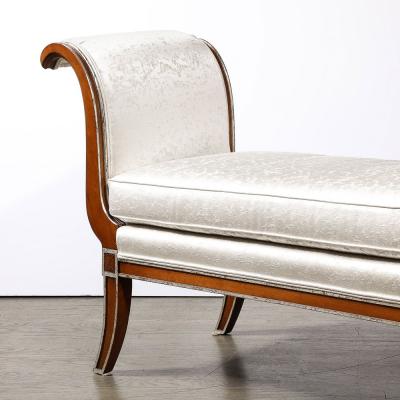 Modernist Scroll Form Bench in Walnut With Silver Naturalist Upholstery