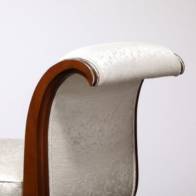 Modernist Scroll Form Bench in Walnut With Silver Naturalist Upholstery