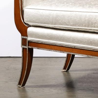 Modernist Scroll Form Bench in Walnut With Silver Naturalist Upholstery
