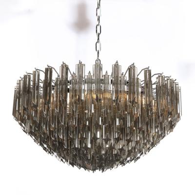 Modernist Smoked Grey Six Tier Murano Triedre Cut Glass Chandelier