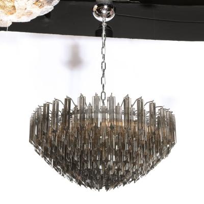Modernist Smoked Grey Six Tier Murano Triedre Cut Glass Chandelier