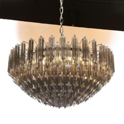 Modernist Smoked Grey Six Tier Murano Triedre Cut Glass Chandelier