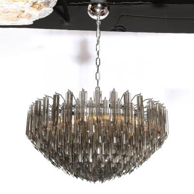 Modernist Smoked Grey Six Tier Murano Triedre Cut Glass Chandelier