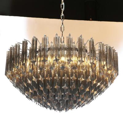 Modernist Smoked Grey Six Tier Murano Triedre Cut Glass Chandelier