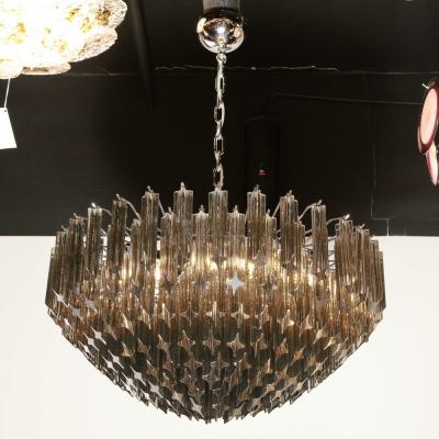 Modernist Smoked Grey Six Tier Murano Triedre Cut Glass Chandelier