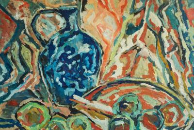 Modernist Table Scene Oil on Board 1960s