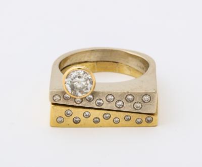 Modernist Two Color Gold Ring and Diamonds