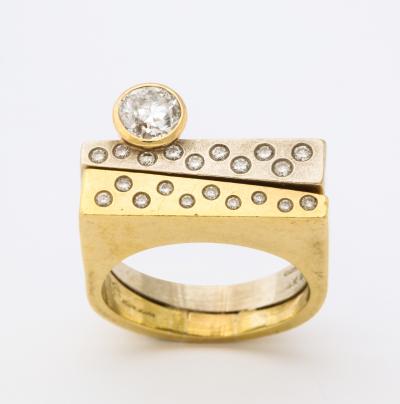Modernist Two Color Gold Ring and Diamonds