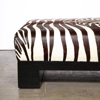 Modernist Upholstered Ottoman in Authentic Zebra Hide w Ebonized Walnut Base