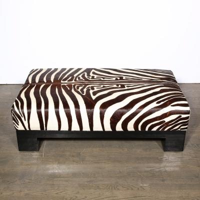 Modernist Upholstered Ottoman in Authentic Zebra Hide w Ebonized Walnut Base