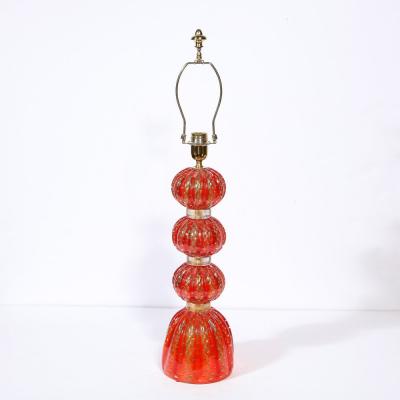 Modernist Vermillion Handblown Murano Banded Table Lamp with 24kt Gold Flecks