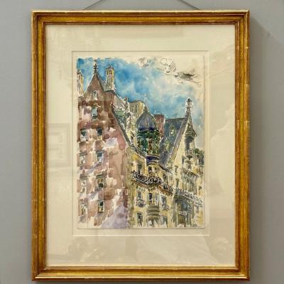 Modernist Watercolor Signed by Adam Van Doren Architecture City Framed