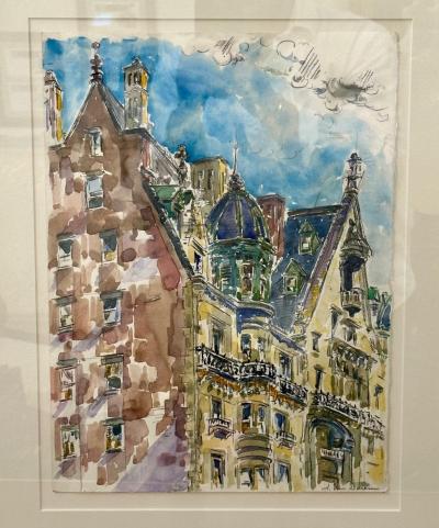 Modernist Watercolor Signed by Adam Van Doren Architecture City Framed