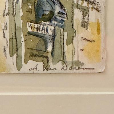 Modernist Watercolor Signed by Adam Van Doren Architecture City Framed