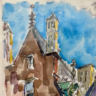 Modernist Watercolor Signed by Adam Van Doren Architecture City Framed