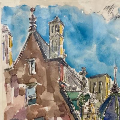 Modernist Watercolor Signed by Adam Van Doren Architecture City Framed