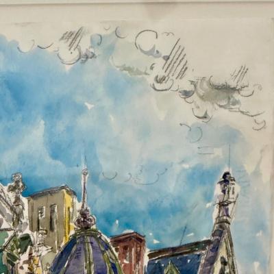 Modernist Watercolor Signed by Adam Van Doren Architecture City Framed