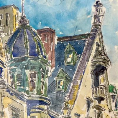 Modernist Watercolor Signed by Adam Van Doren Architecture City Framed