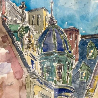 Modernist Watercolor Signed by Adam Van Doren Architecture City Framed