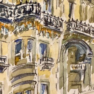 Modernist Watercolor Signed by Adam Van Doren Architecture City Framed