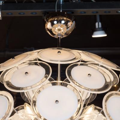 Modernist White and Clear Disc Murano Chandelier with Polished Nickel Frame
