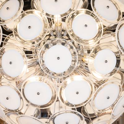 Modernist White and Clear Disc Murano Chandelier with Polished Nickel Frame