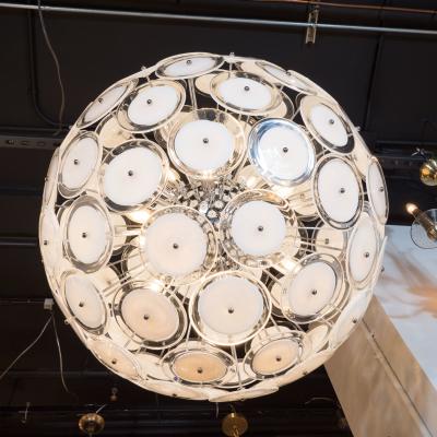 Modernist White and Clear Disc Murano Chandelier with Polished Nickel Frame